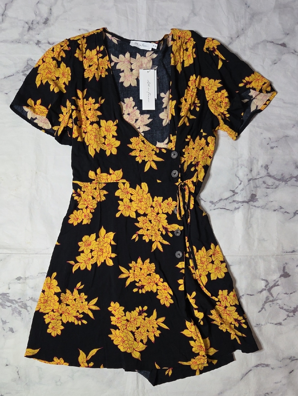 Nordstrom All In Favor Black Mini Wrap Dress with Yellow Floral Print